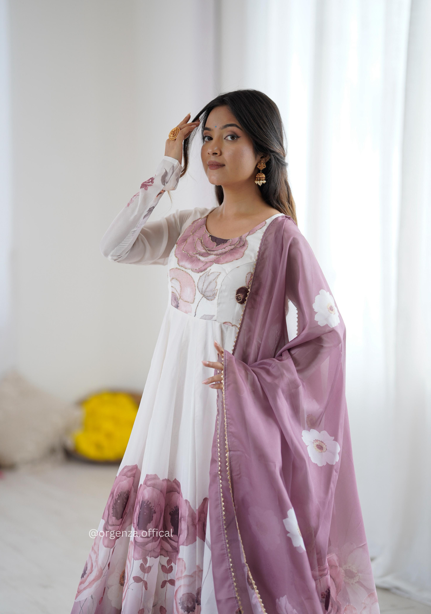 Onion Pink Colour Organza Anarkali Kurti Set