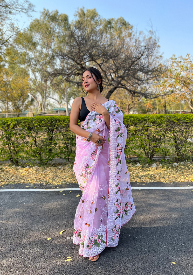 Lavender Colour Organza Saree With Kashmiri Thread Work