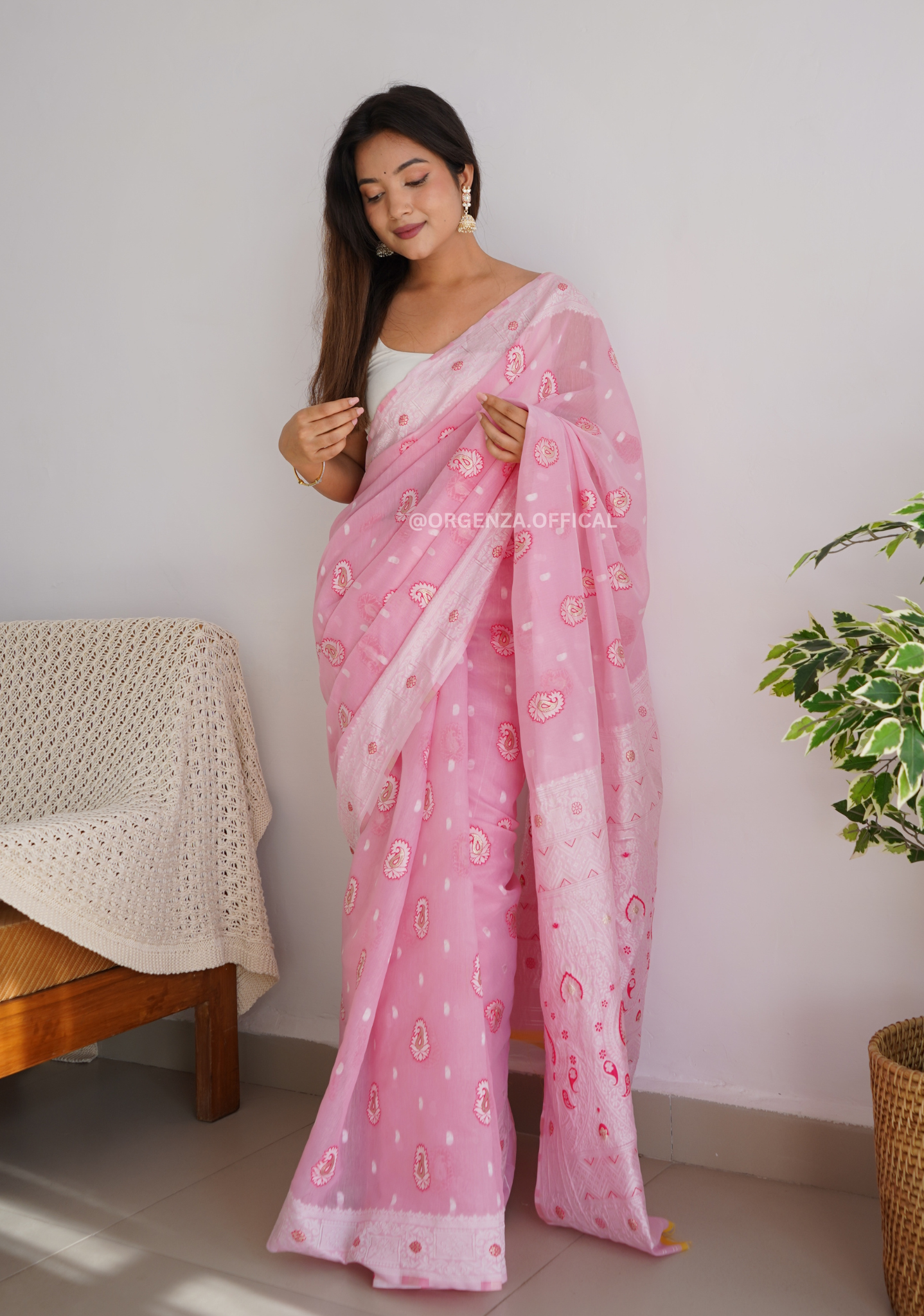 Linen Silk Saree With Badla Weaving - Orgenza Store