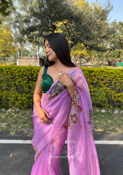 Lavender Colour Organza Saree With Handwork