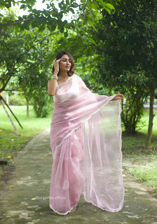 Baby Pink Colour Organza Saree With Hand Work