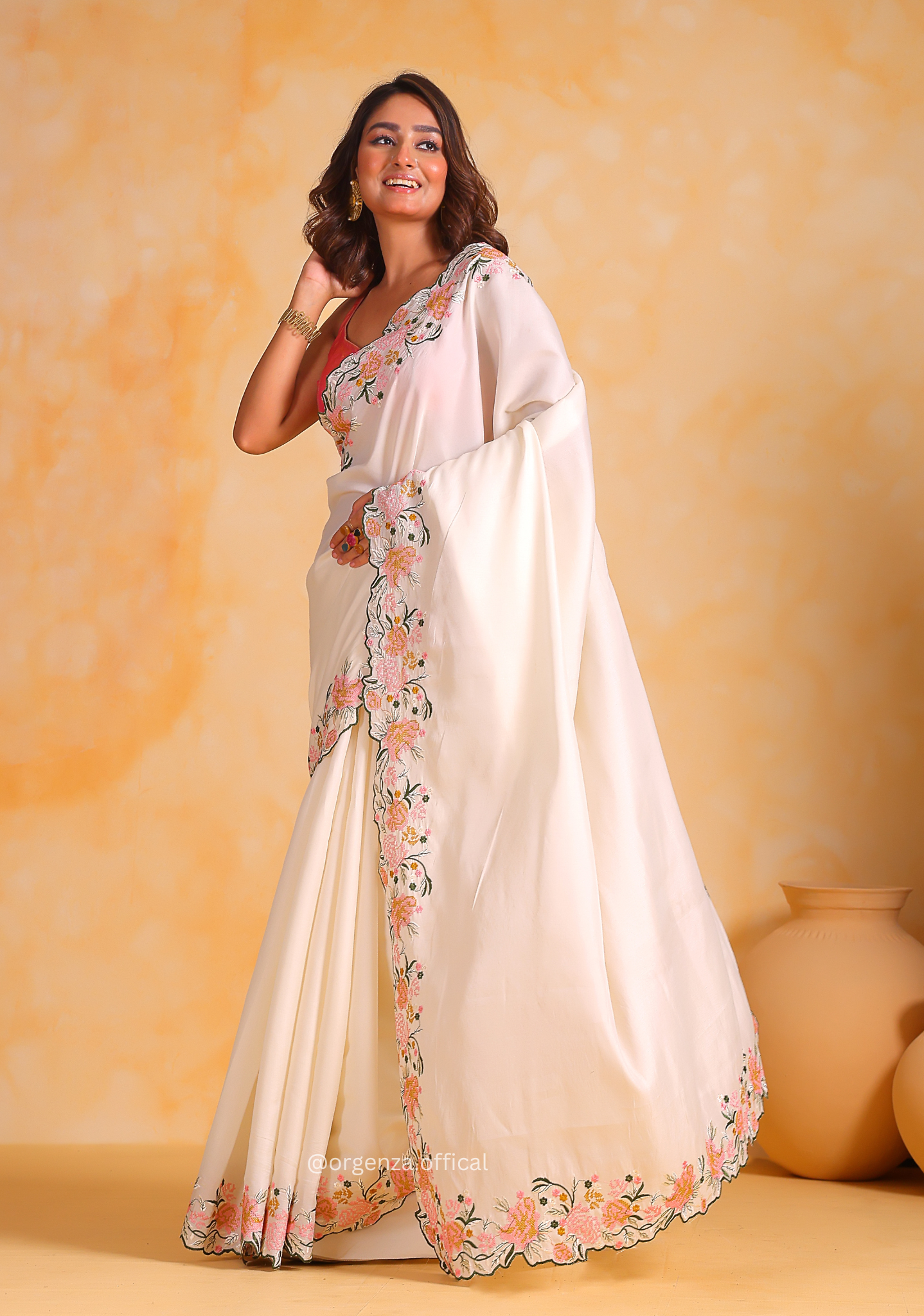 Tussar Satin Silk Saree With Embroidery Viscos Thread Work - Orgenza Store