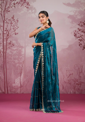 Blue Colour Jimmy Choo Saree With Mirror Work - Orgenza Store
