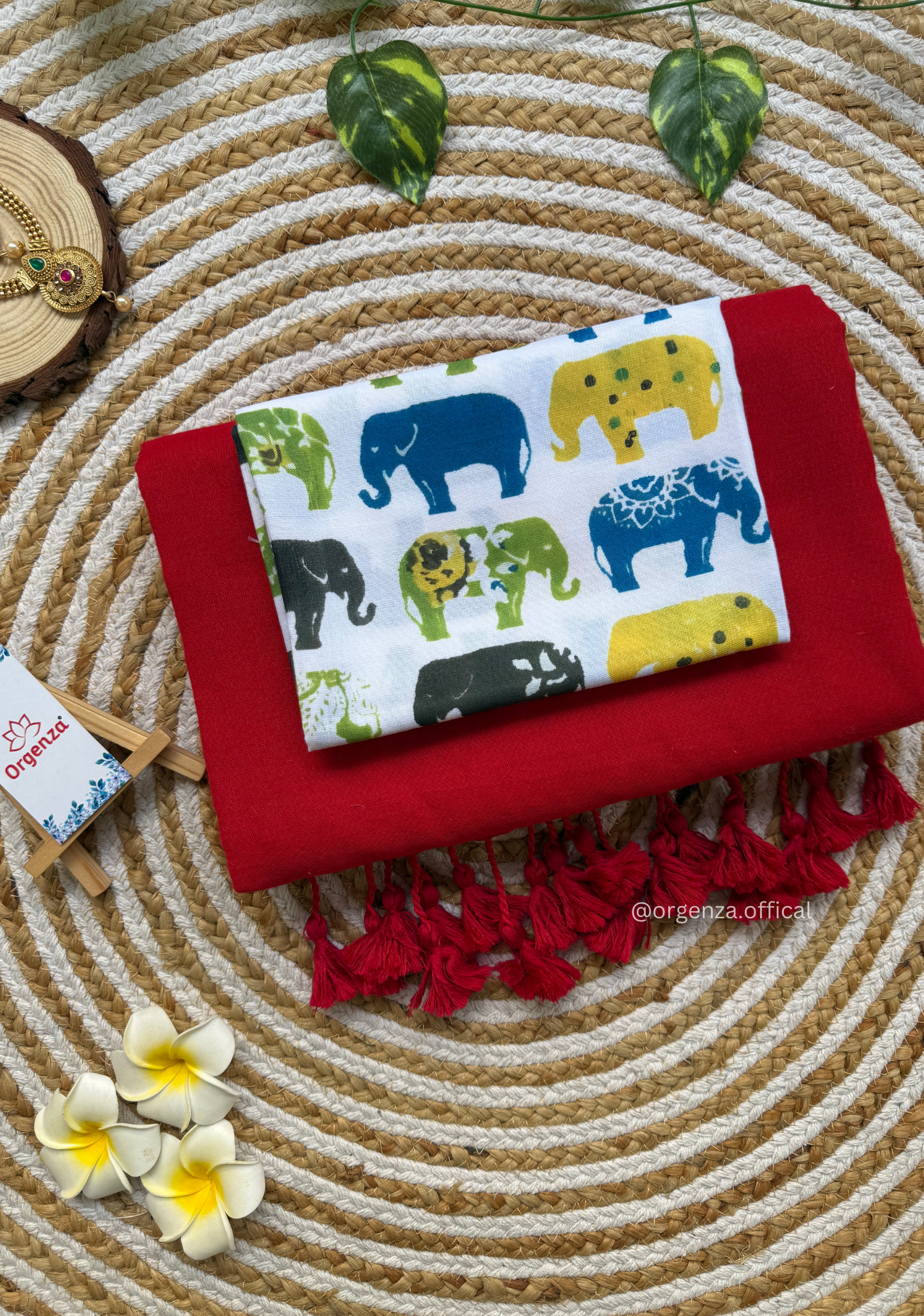 Red Colour Cotton Saree With Multi Elephant Print Blouse