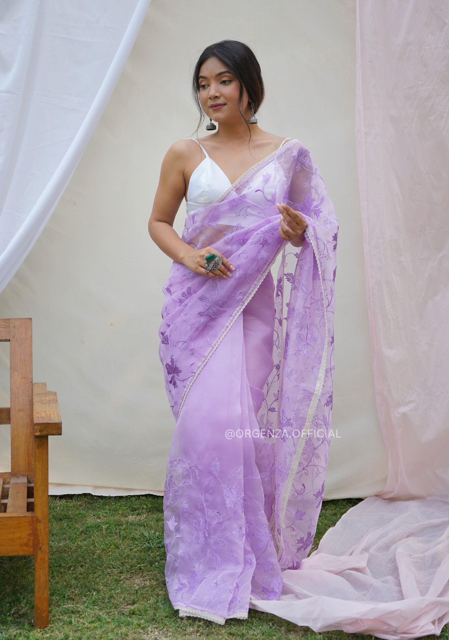 Lavender Colour Organza Saree With Floral Embroidery Work - Orgenza Store