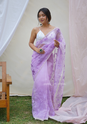 Lavender Colour Organza Saree With Floral Embroidery Work - Orgenza Store