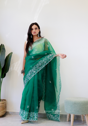 Bottel Green Colour Embroidery Thread Work Saree - Orgenza Store