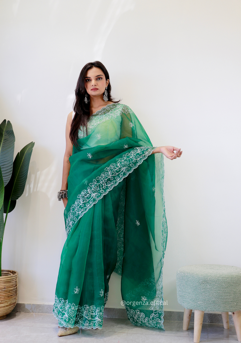 Bottel Green Colour Embroidery Thread Work Saree