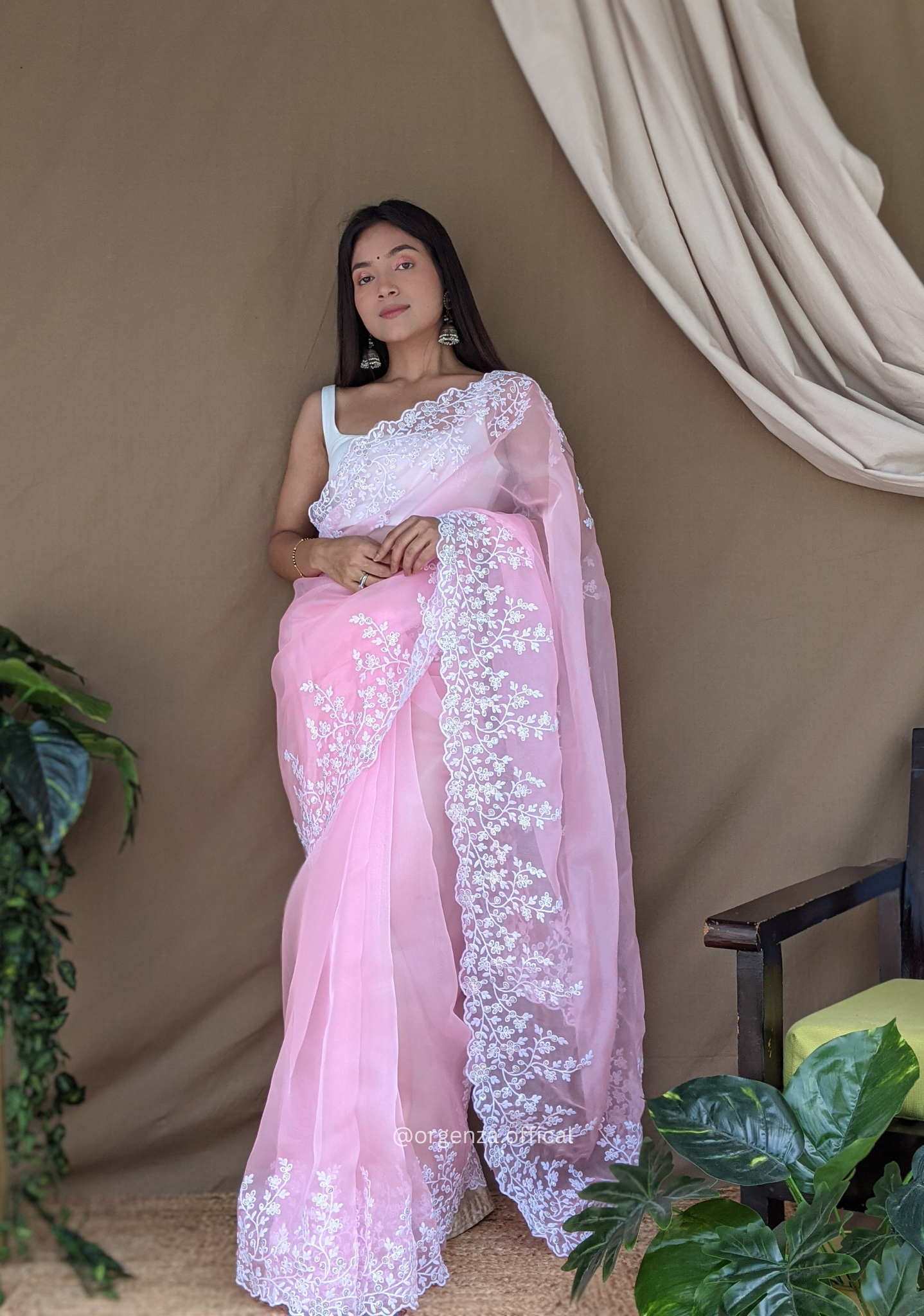 Organza Baby Pink Color Pure Organza Silk And Flower Embroidery Work - Orgenza Store