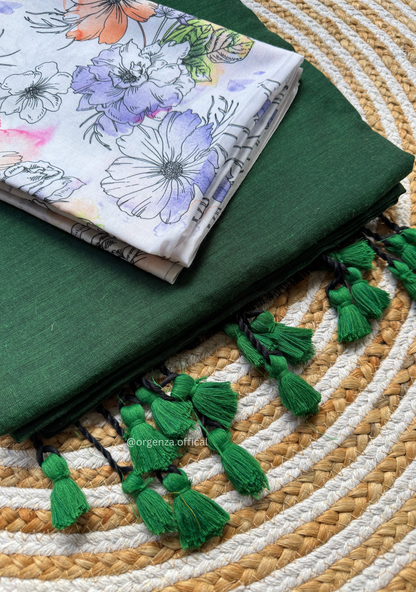 Green Colour Cotton Saree With Flower Print Blouse
