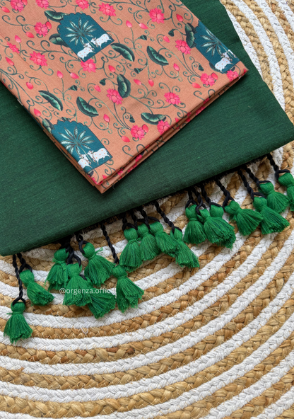 Green Colour Cotton Saree With Cow Print Blouse