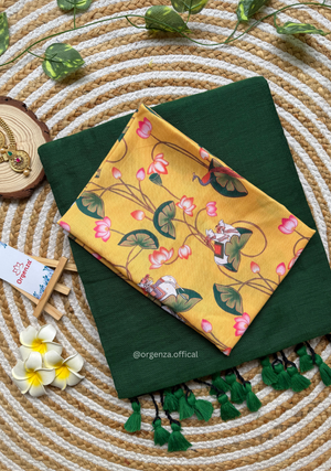 Green Colour Cotton Saree With yellow Print Blouse - Orgenza Store - digisoch