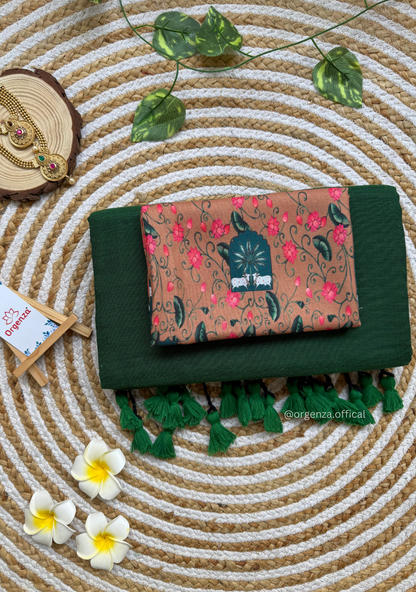 Green Colour Cotton Saree With Cow Print Blouse