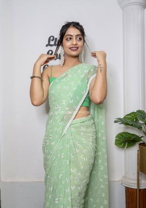 Pista Green Georgette Saree With Print - Orgenza Store