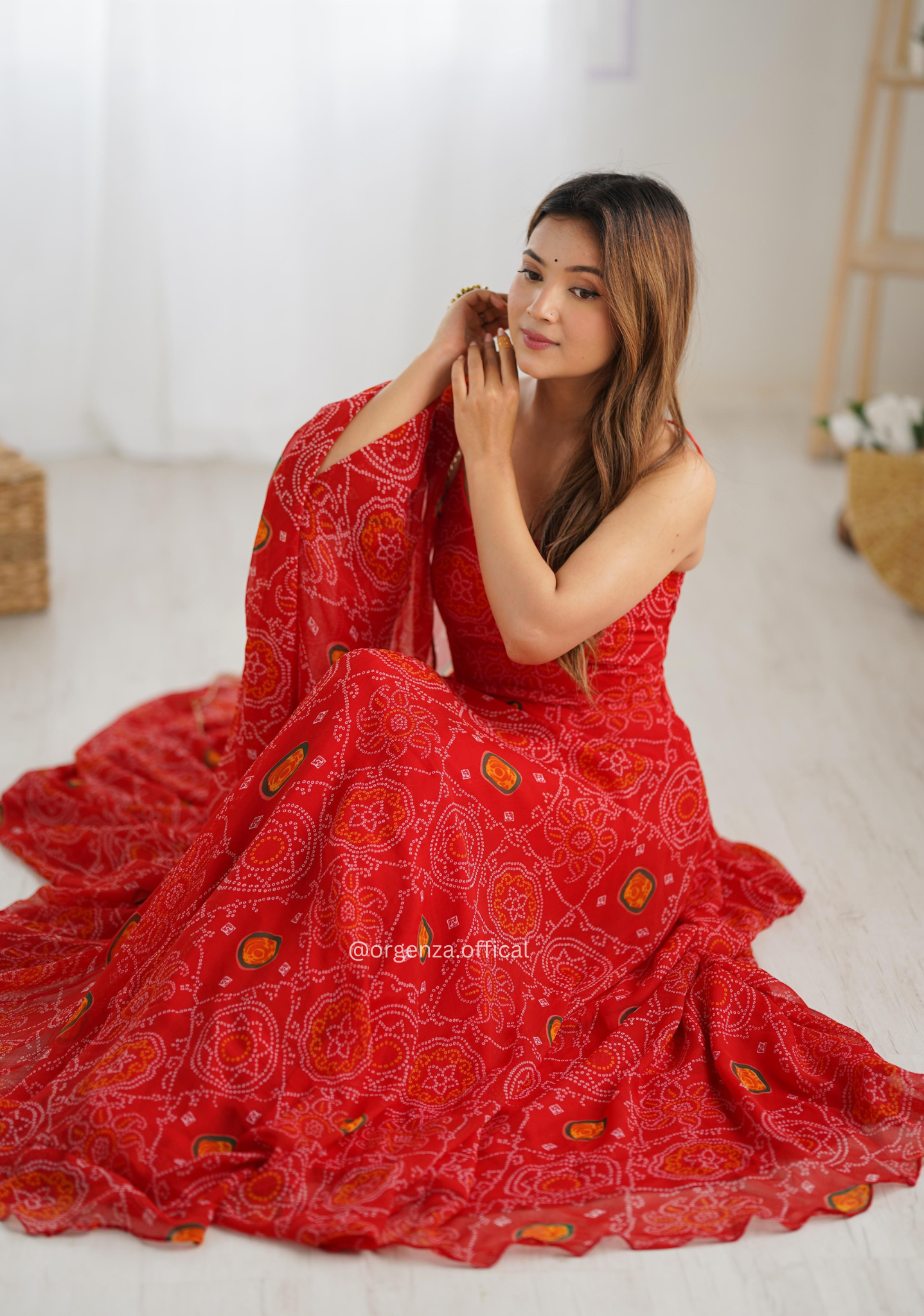 Soft Chiffon Bandhej 8-Meter Flare Gown Set – Fully Stitched