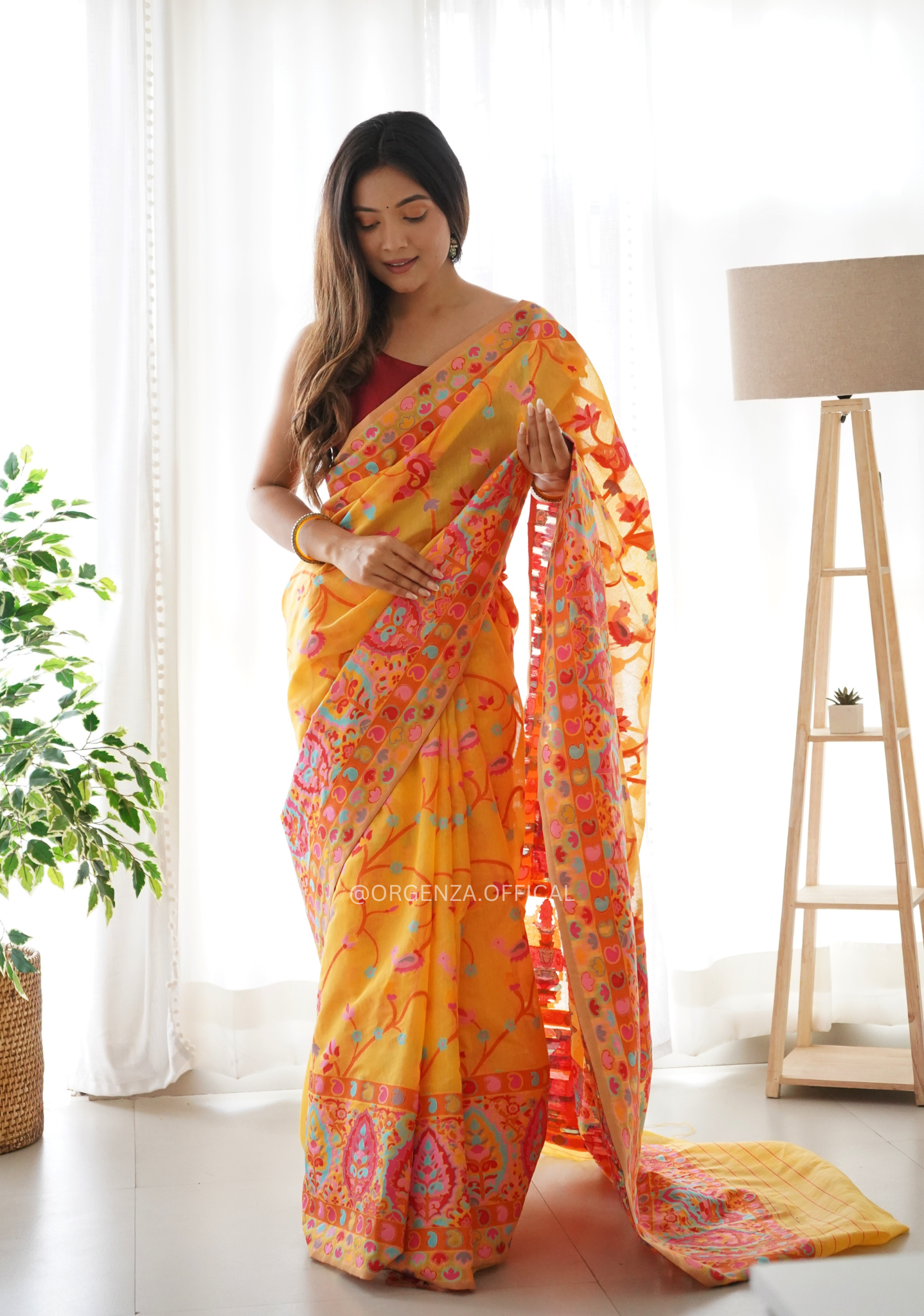 Haldi Yellow Slub Kashmiri Silk Saree - Orgenza Store