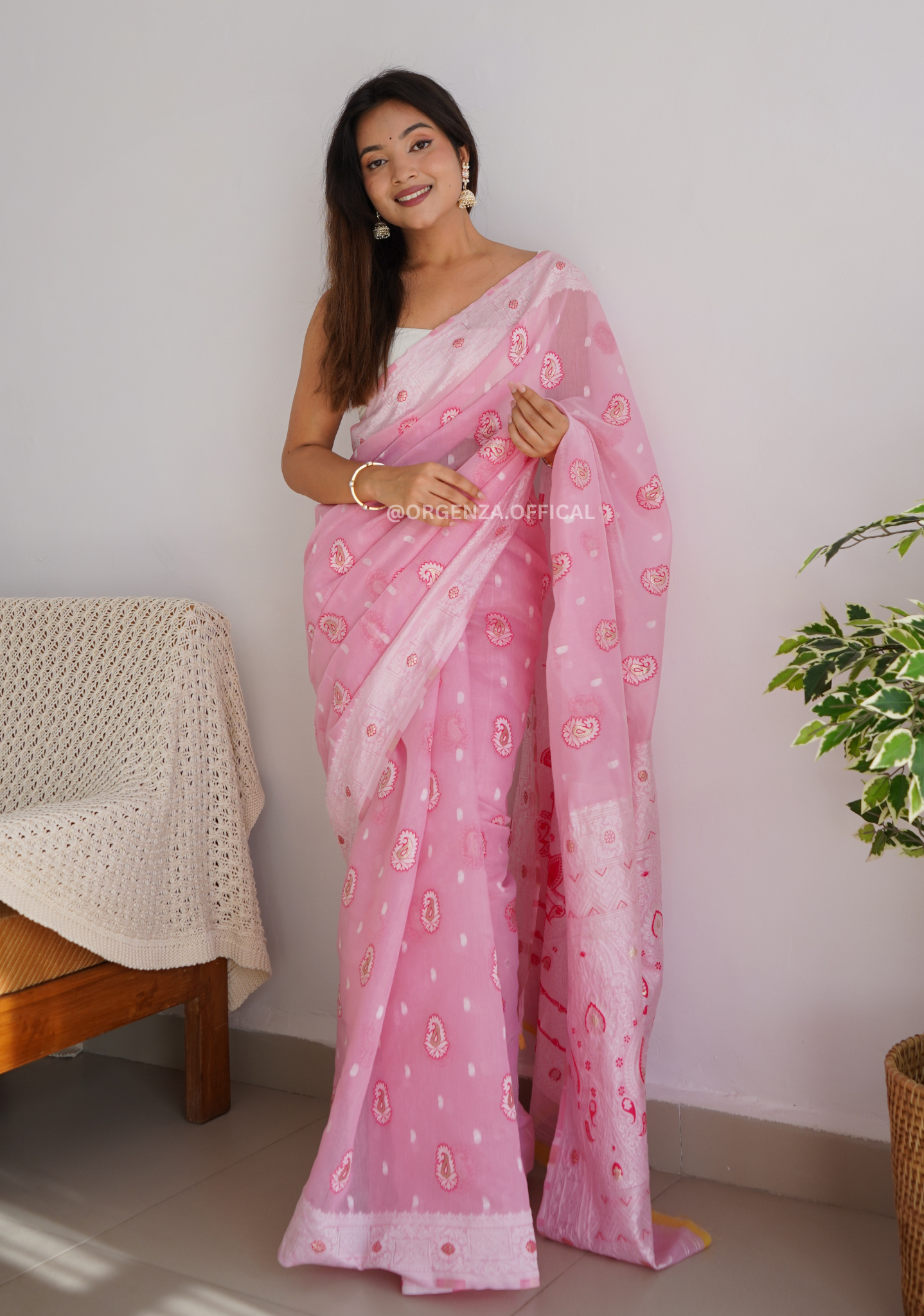 Linen Silk Saree With Badla Weaving - Orgenza Store