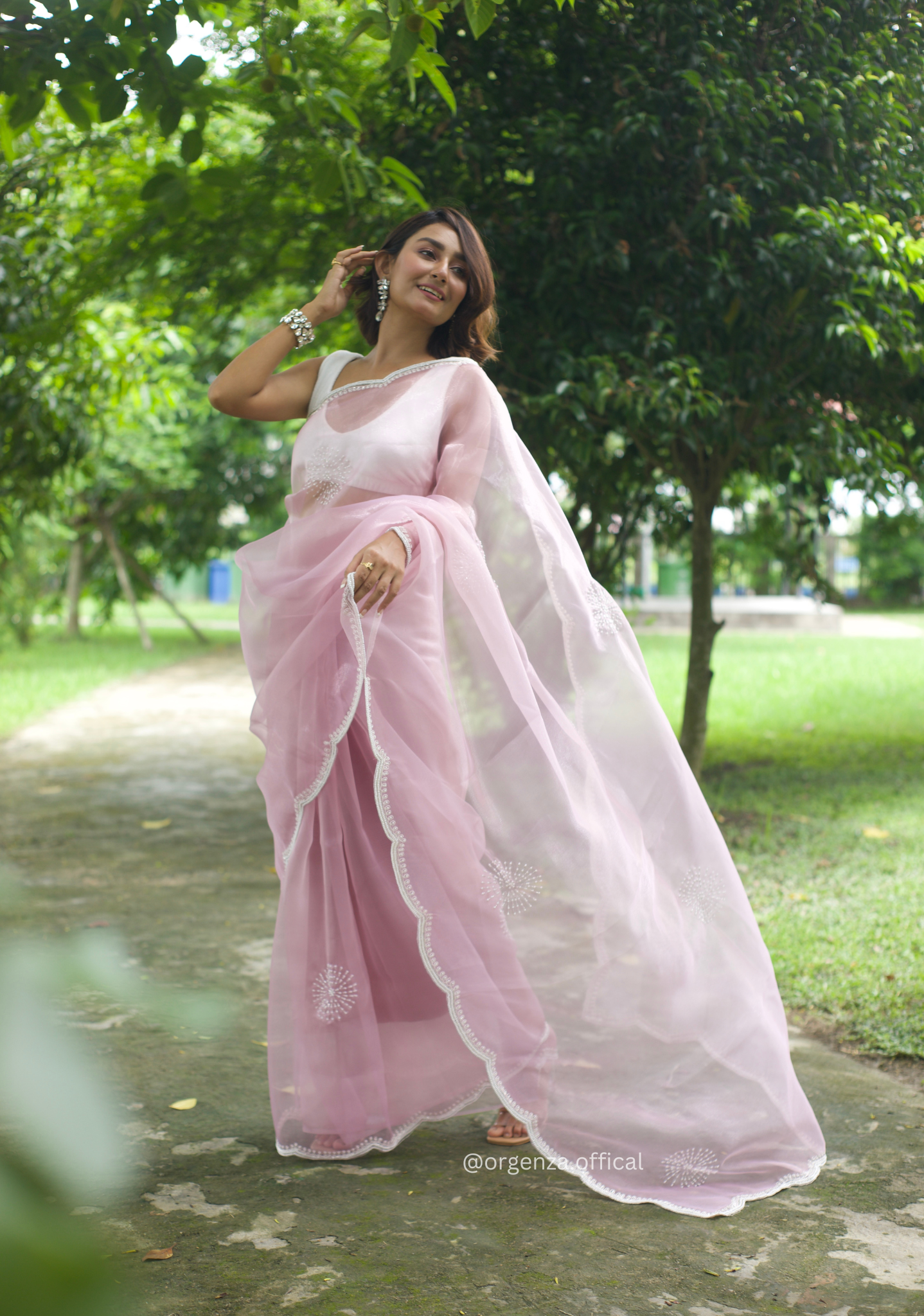 Baby Pink Colour Organza Saree With Hand Work - Main Image