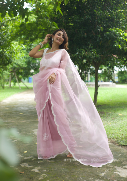 Baby Pink Colour Organza Saree With Hand Work - Orgenza Store