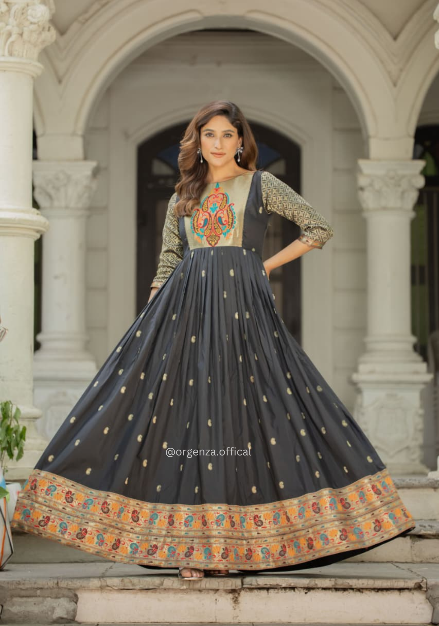Designer Soft Silk Zari Work Flared Gown for Women