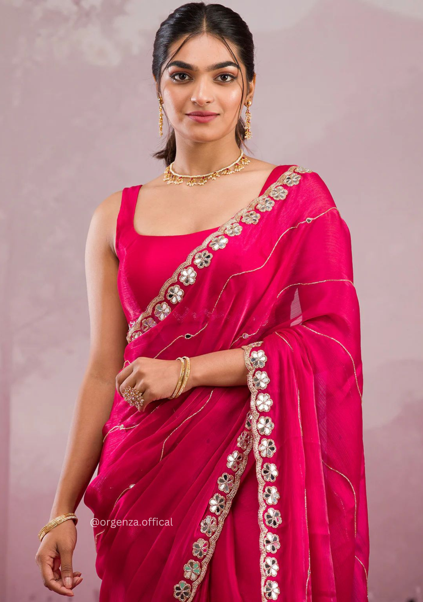 Red Colour Jimmy Choo Saree With Mirror Work - Orgenza Store