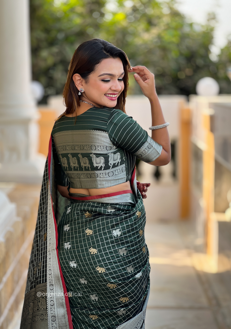 Bottle Green Colour Silk Saree With Gold And Silver Zari