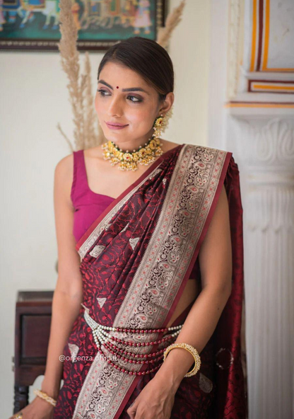 Maroon Colour Lichi Silk Saree With Jacquard Zari Work
