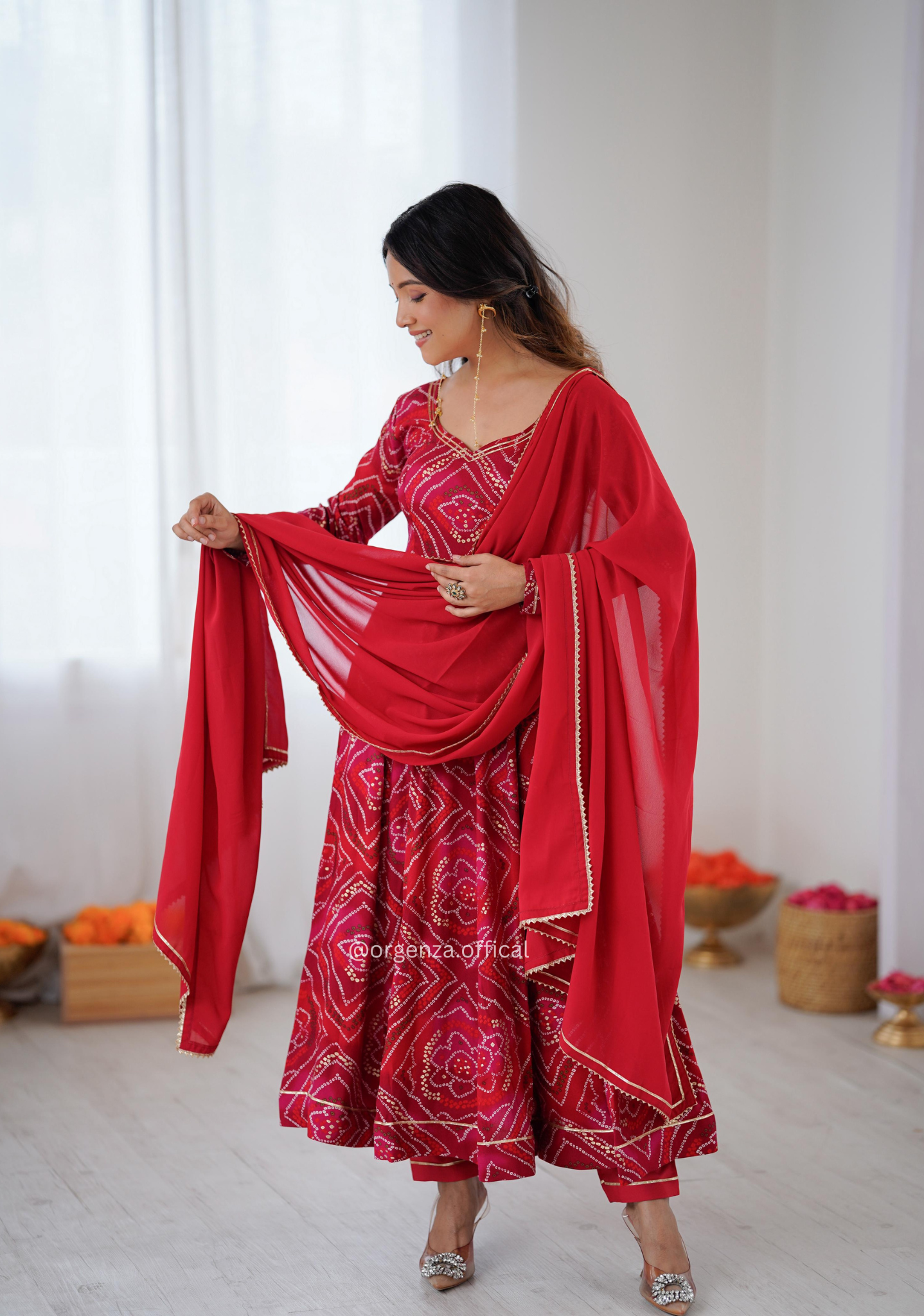 Pure Rayon Bandhani Gown Set with Dupatta & Pant | Women’s Party Wear