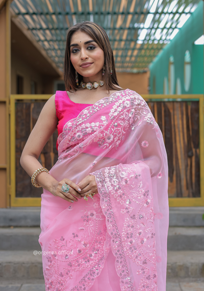 Baby Pink Soft Organza Saree With Sequence Work - Orgenza Store