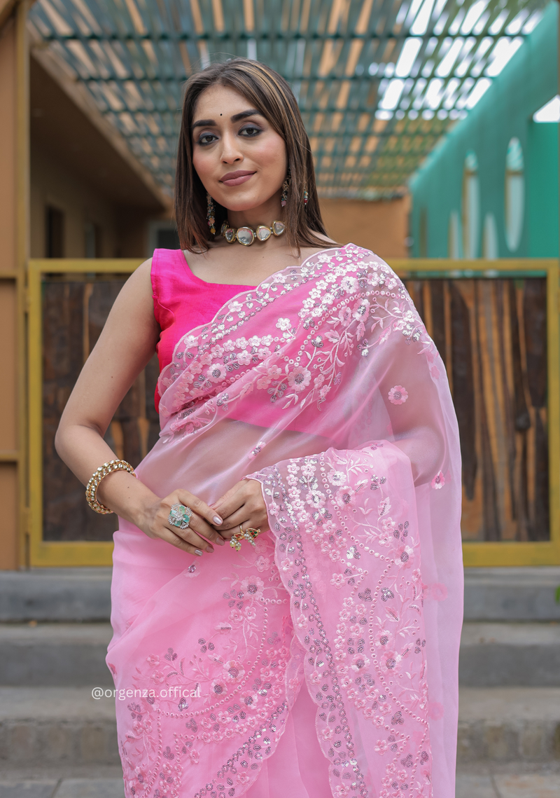 Baby Pink Soft Organza Saree With Sequence Work