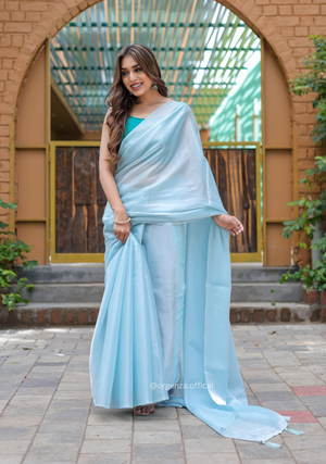 Plain Sky Colour Jimmy Choo Saree - Orgenza Store
