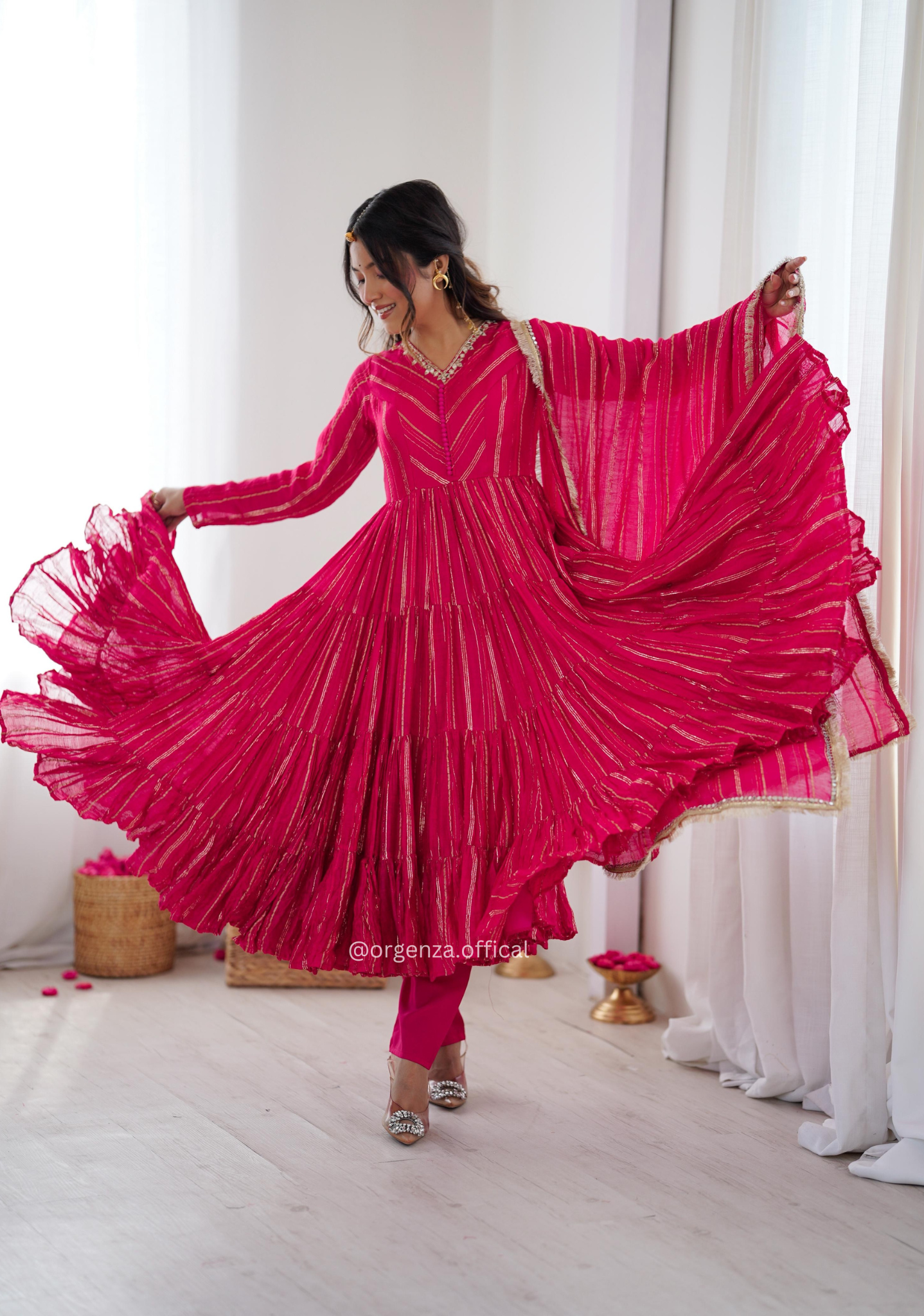 Mal Chanderi Mirror Work Ruffle Gown Set with Dupatta – Fully Stitched