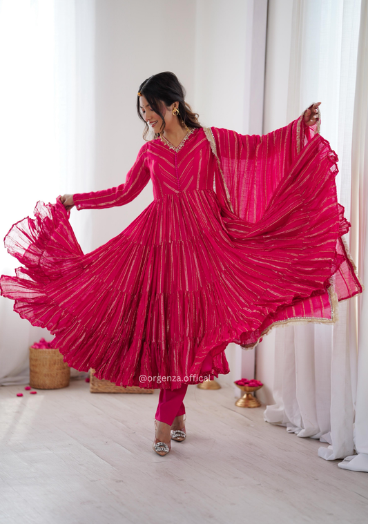 Mal Chanderi Mirror Work Ruffle Gown Set with Dupatta – Fully Stitched