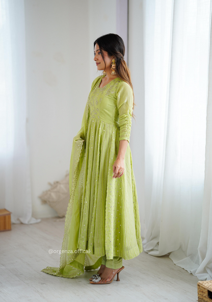 Pista Green Colour Crunchy Silk Anarkali Kurti