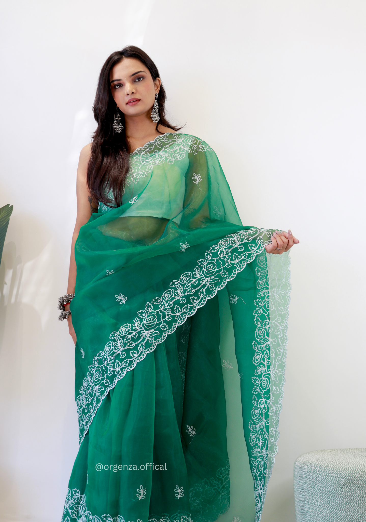 Bottel Green Colour Embroidery Thread Work Saree - Orgenza Store