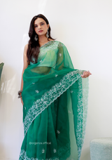 Bottel Green Colour Embroidery Thread Work Saree