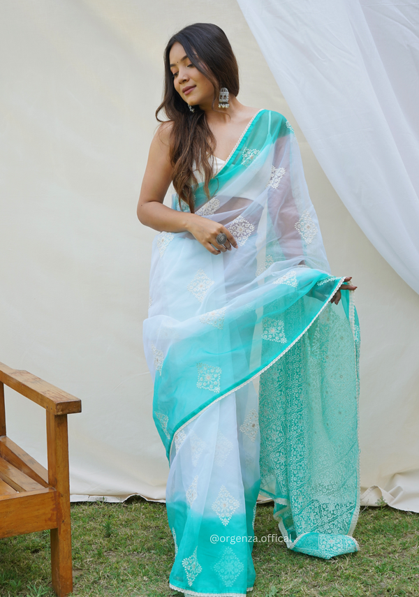 Rama Color Organza Saree With Viscous Thread Work