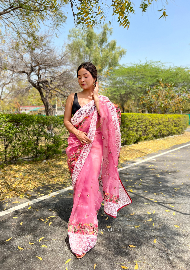 Pink Organza Saree With Chikankari Work