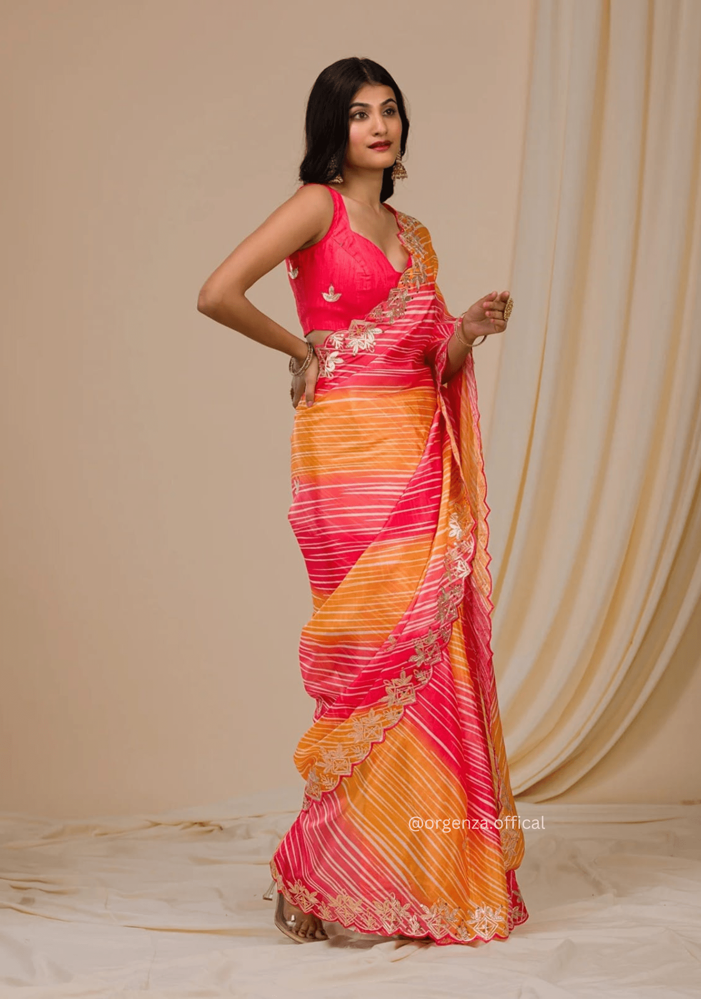 Peach And yellow Colour Chinnon Digital Print Saree - Orgenza Store - digisoch