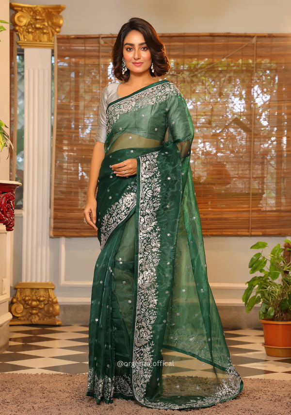 Green Organza Saree With Sequence Embroidered