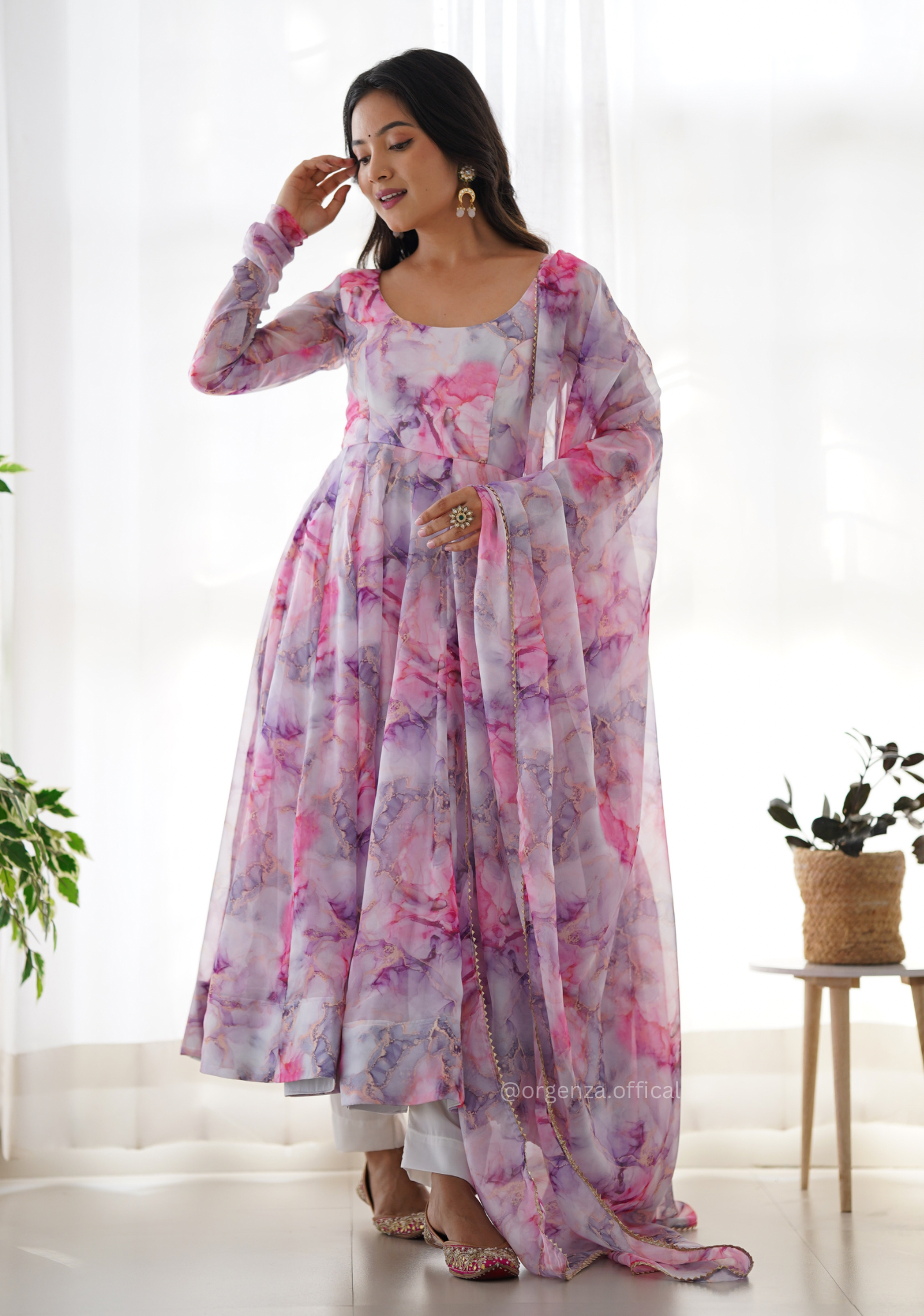 Pure Organza Floral Marble Printed Anarkali Kurti - Orgenza Store