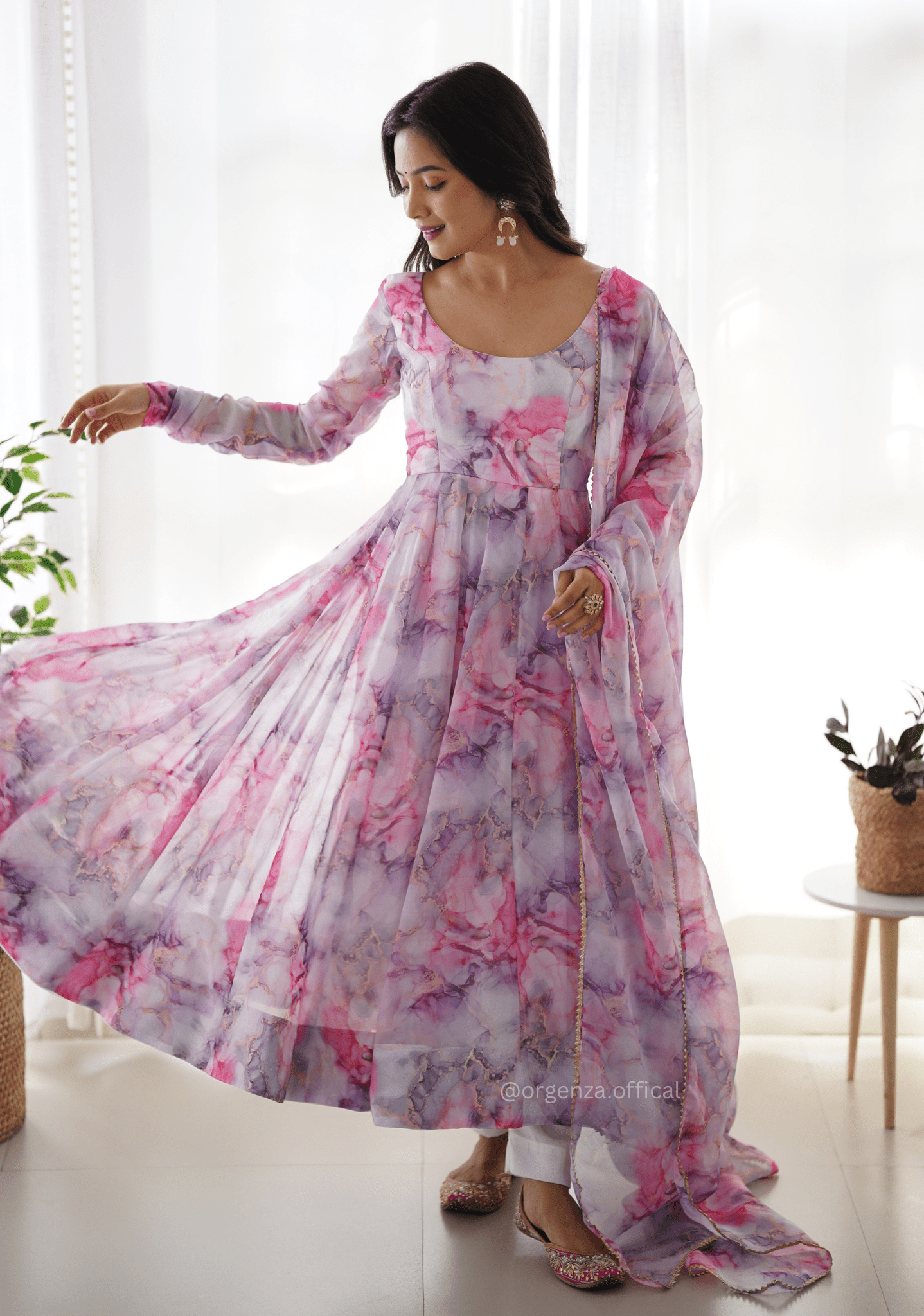 Pure Organza Floral Marble Printed Anarkali Kurti - Orgenza Store - digisoch