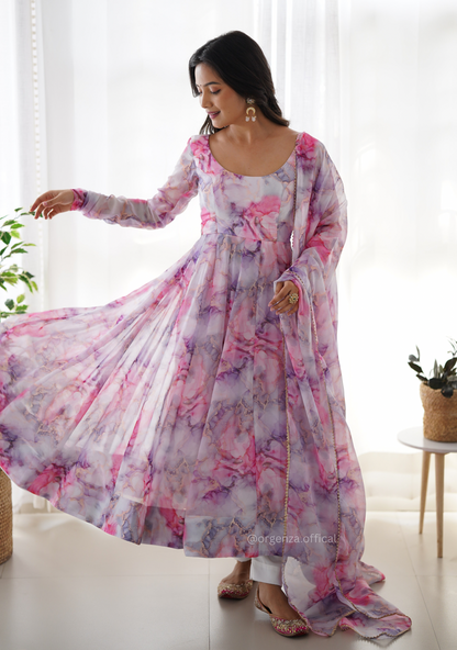 Pure Organza Floral Marble Printed Anarkali Kurti - Orgenza Store