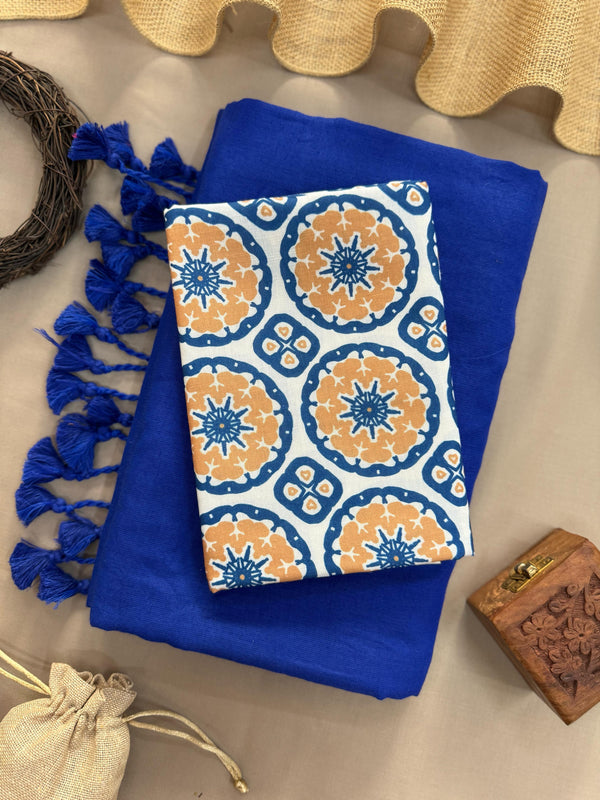 Sky Blue Handloom Cotton Saree With Blue Tassels & Printed Blouse