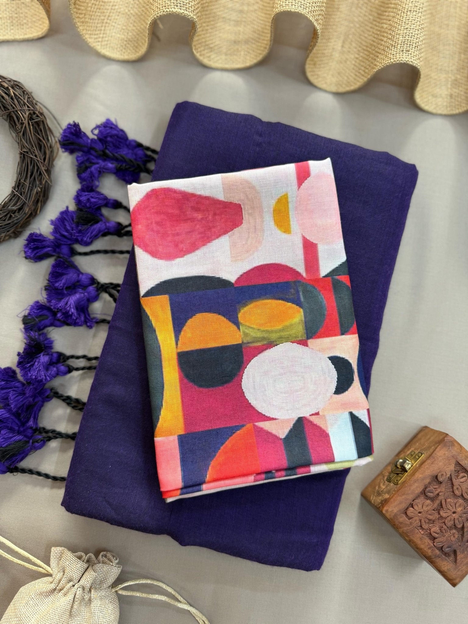 Navi Blue Handloom Cotton Saree With Navi Blue Tassels & Printed Blouse - Orgenza Store