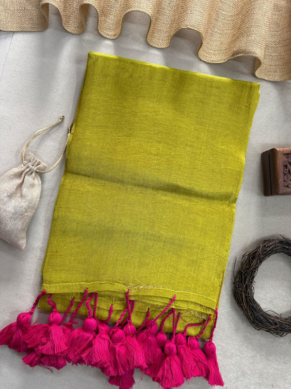 Pista Handloom Raga Tissue Saree With Pink Tassels