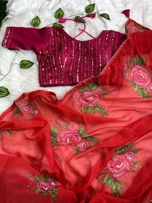 Georgette Silk Saree With Floral Hand Work - Orgenza Store