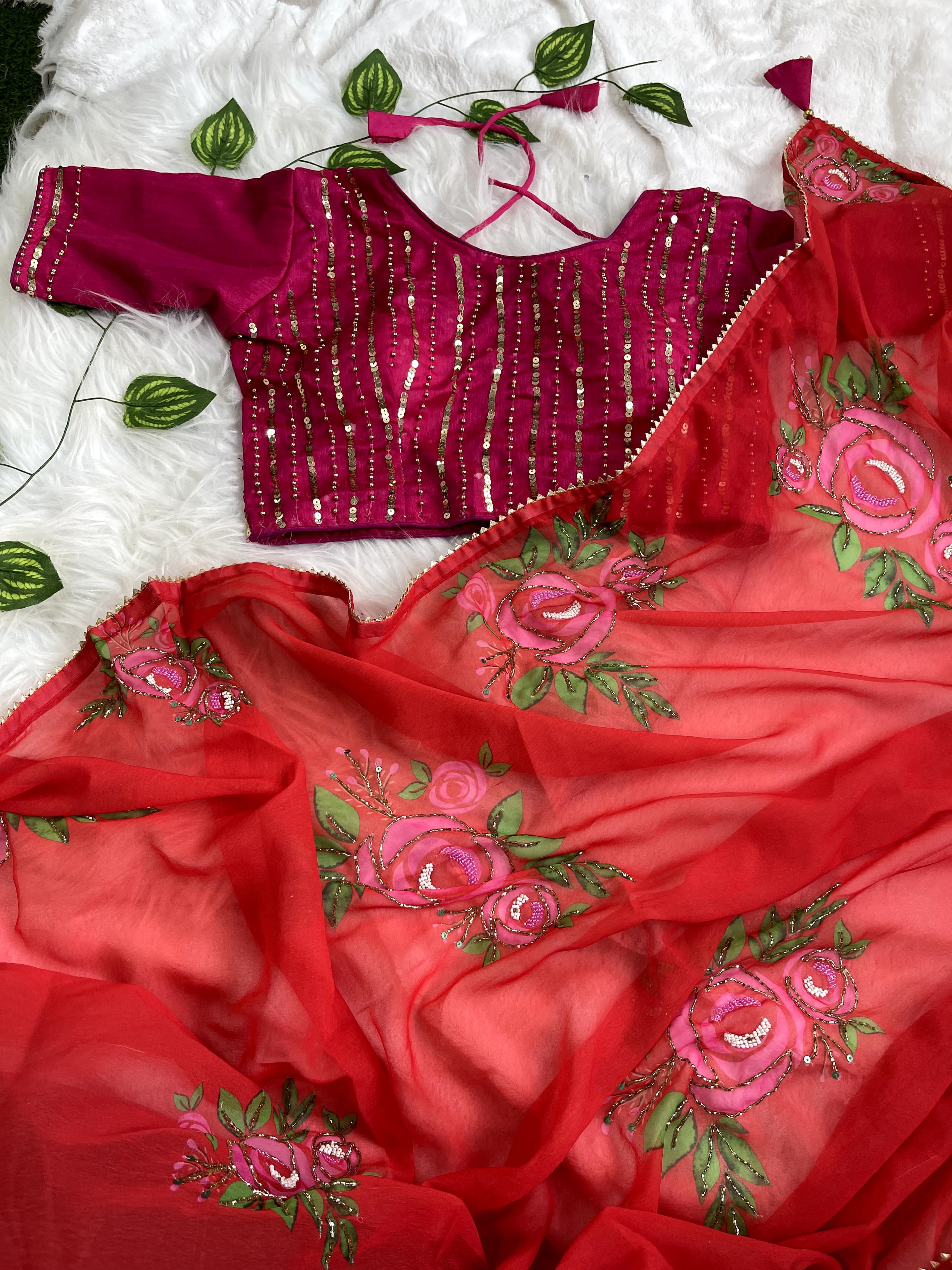 Georgette Silk Saree With Floral Hand Work - Orgenza Store