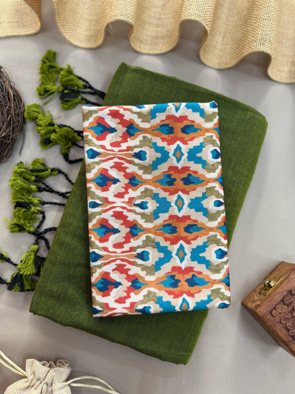 Mehndi Handloom Cotton Saree With Green Tassels & Printed Blouse