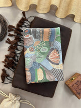 Brown Handloom Cotton Saree With Brown Tassels & Printed Blouse